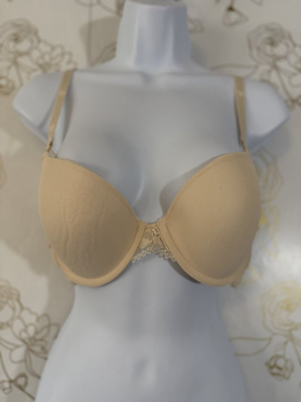 Lauren Ralph Lauren Bra Demi T-shirt Lace Full Coverage Bra Beige Lined 38 B NEW